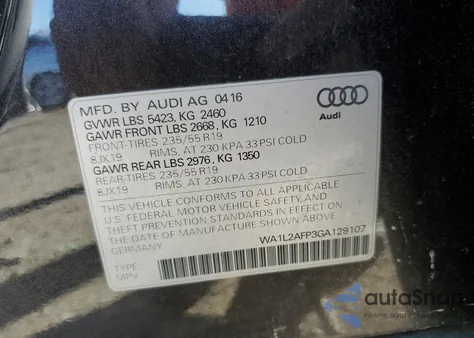 2016 Audi Q5 Premium Plus from USA, damaged, VIN WA1L2AFP3GA129107